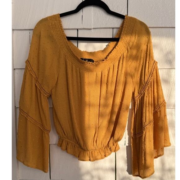 Lulus S Sunny Story Mustard Lace Bell Sleeve Off Shoulder Top Boho Cottagecore - Picture 1 of 11